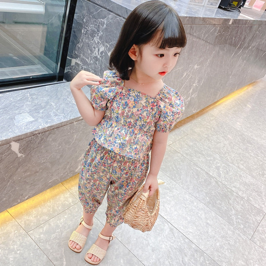 2pcs/set 2022 Children Clothes Floral Tshirt + Pants For Girls Casual Style Big Girls Clothes Summer Kids Tracksuit