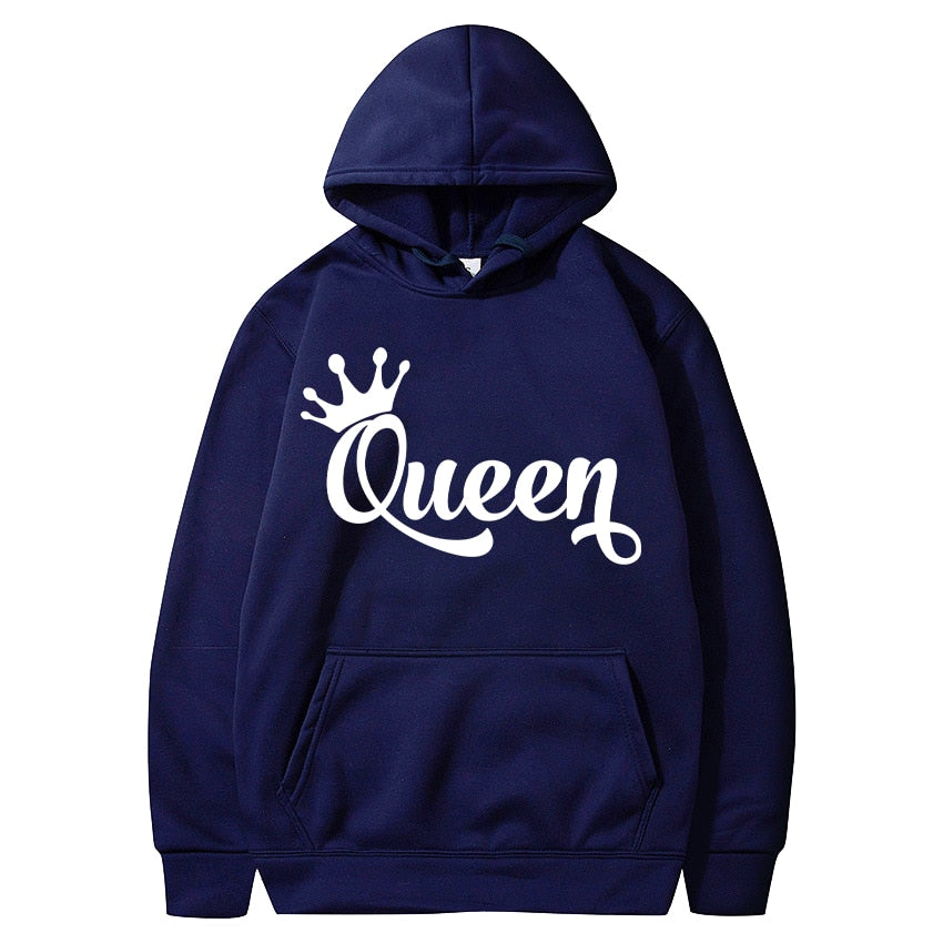 King or Queen Letters Printed Crown Design Couple Hooded Sweatshirt Men Autumn Winter Streetwear Lover Casual Pullover Hoodies