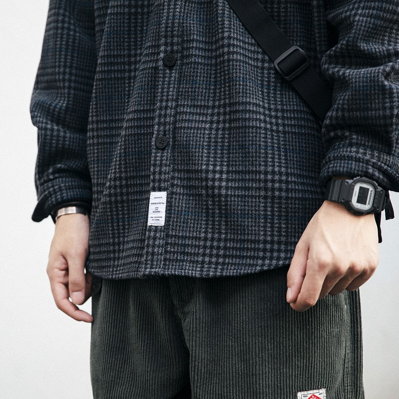 2021 High Quality Thick Woolen Shirt Men Clothing Japanese Streetwear Lapel Long Sleeve Casual Plaid Top Harajuku Coats Male