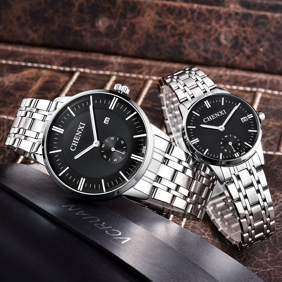 CHENXI Lover&#39;s Wristwatches Women Fashion Watches Men or Lady Quartz Watch Silver Stainless steel Waterproof Clock Date Watches