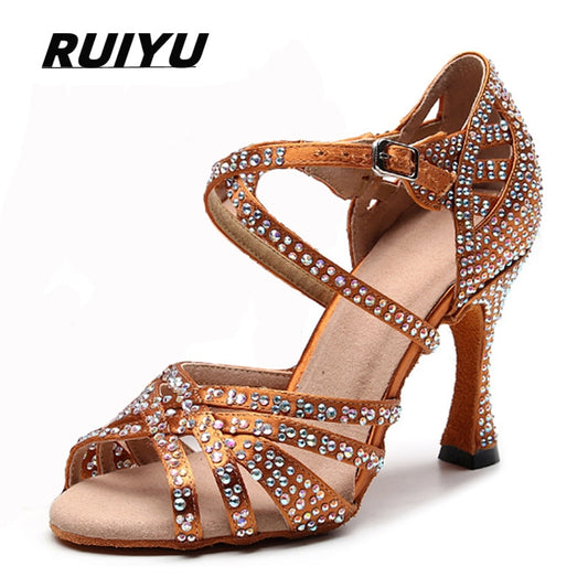 Latin Dance Shoes Ladies Salsa Tango Sneakers Training Dance Shoes High Heel Sandals Summer Square Dance Shoes Bronze Black