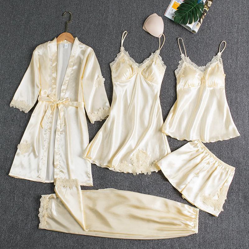 Sleepwear Female 5PCS Pajamas Set Satin Pyjamamas Lace Patchwork Bridal Wedding Nightwear Rayon Home Wear Nighty&amp;Robe Suit