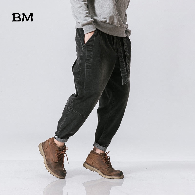 Streetwear High Quality Male Loose Feet Pants Chinese Retro Washed Loose Waist Jeans Harajkuku Baggy Harem Pants Men 5XL