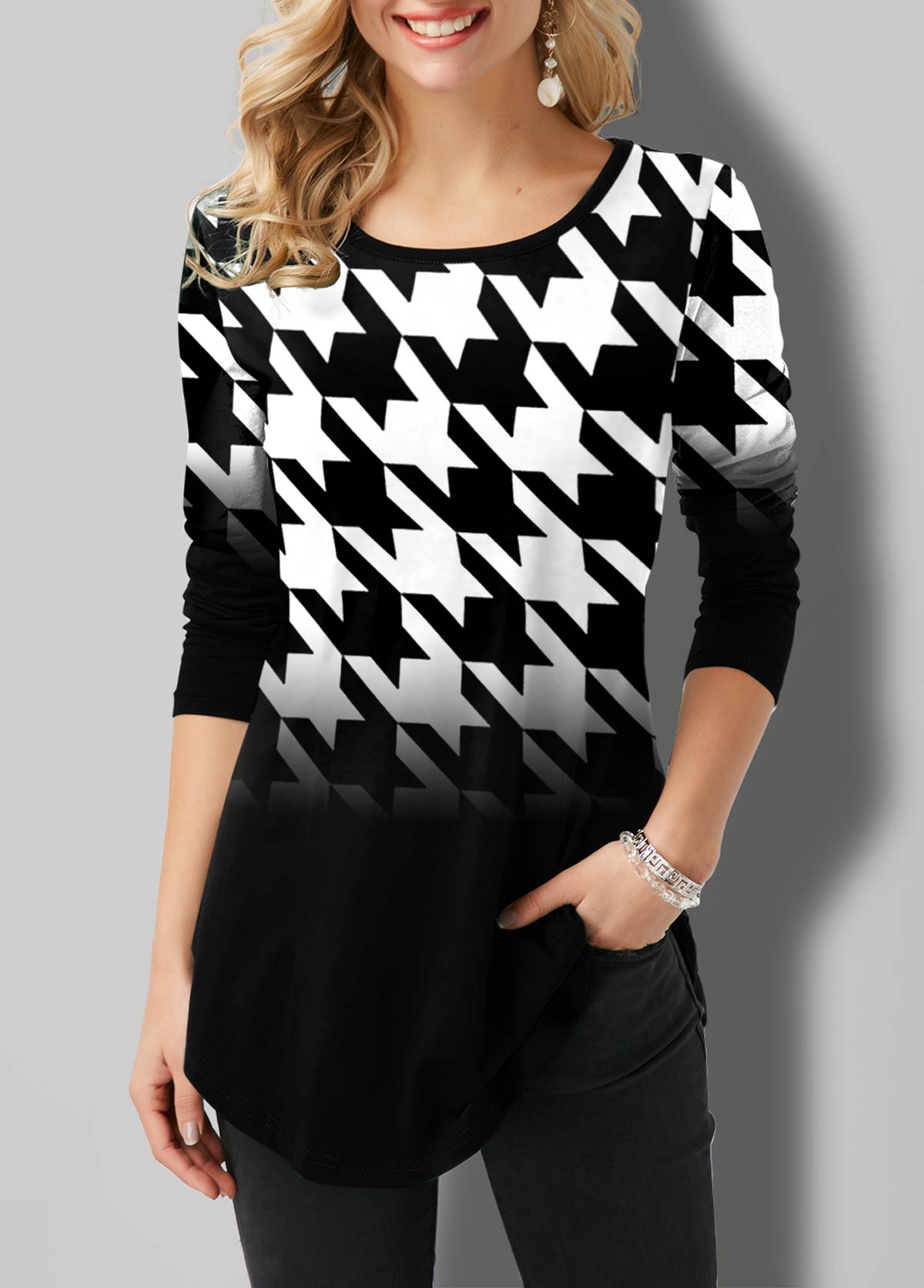 Houndstooth Flags Printing Oversized T-shirt Female Clothing Harajuku Vintage Y2k Tops Women 2021 Long Sleeve Aesthetic Tunic