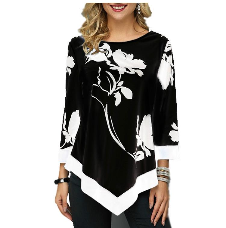 Floral Printed Women Blouse Asymmetric Hem O Neck Long Sleeve Shirts Summer Female Pullover Tops Blusas Fashion Lady Camisa