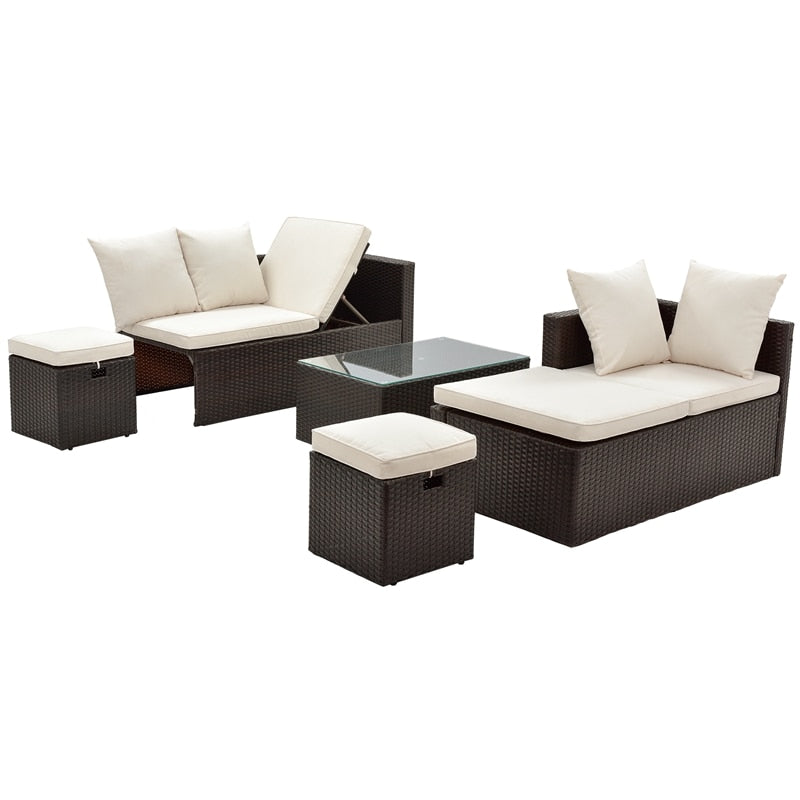 5-Piece All Weather PE Wicker Sofa Set Rattan With Tempered Glass Tea Table And Removable Cushions Adjustable Chaise Lounge