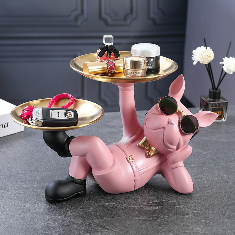 Resin Décor Dog Statue Butler with Tray for Storage Table Live Room French Bulldog Ornaments Decorative Sculpture Craft Gift