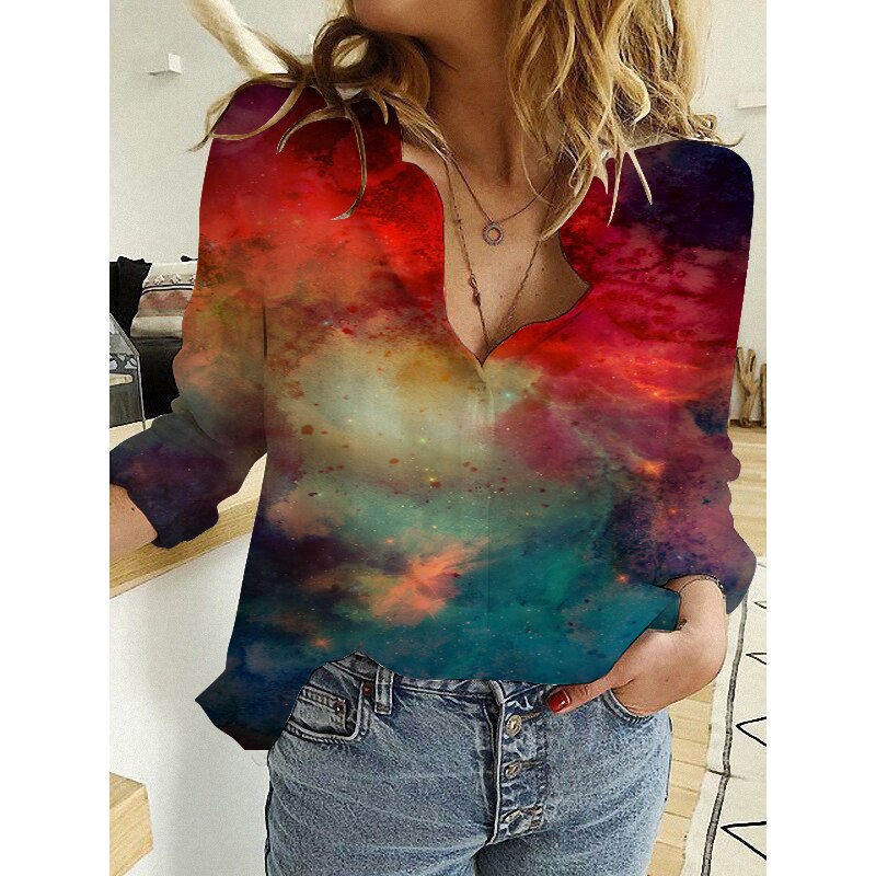 Autumn Women Print Simple Single Breasted Shirt Lady Long Sleeve Office Blouses Harajuku Aesthetic Vintage Oversize Female Tops