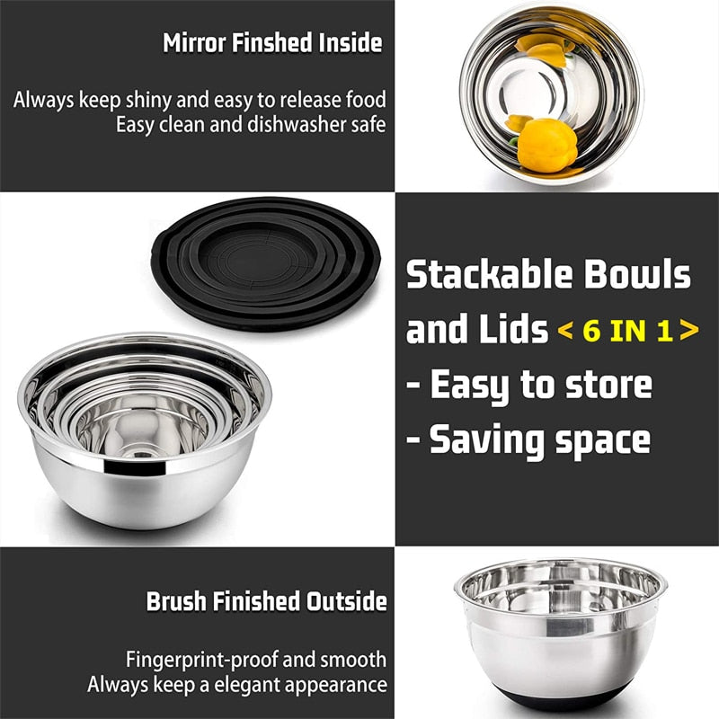 LMETJMA 6 Pcs Mixing Bowls with Lids and Non Slip Bases Stainless Steel Mixing Bowls Set for Baking Nesting Storage Bowls KC0418