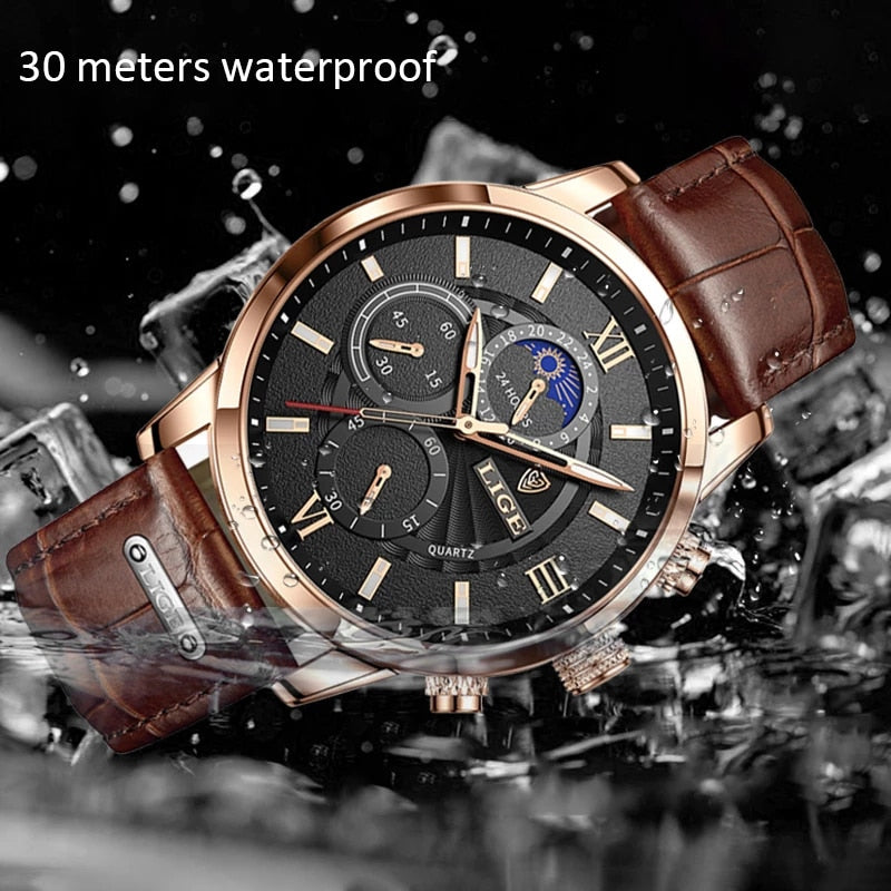 2022 LIGE Men&#39;s Watches Top Brand Luxury Men Wrist Watch Leather Quartz Watch Sports Waterproof Male Clock Relogio Masculino+Box