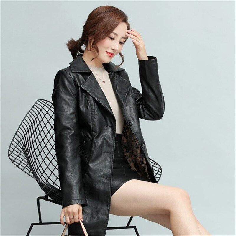 Winter New girl  thick Leather Jacket Long Women&#39;s Coat slim Fashion punk Female Motorcycle Clothing faux leather Blazer autumn