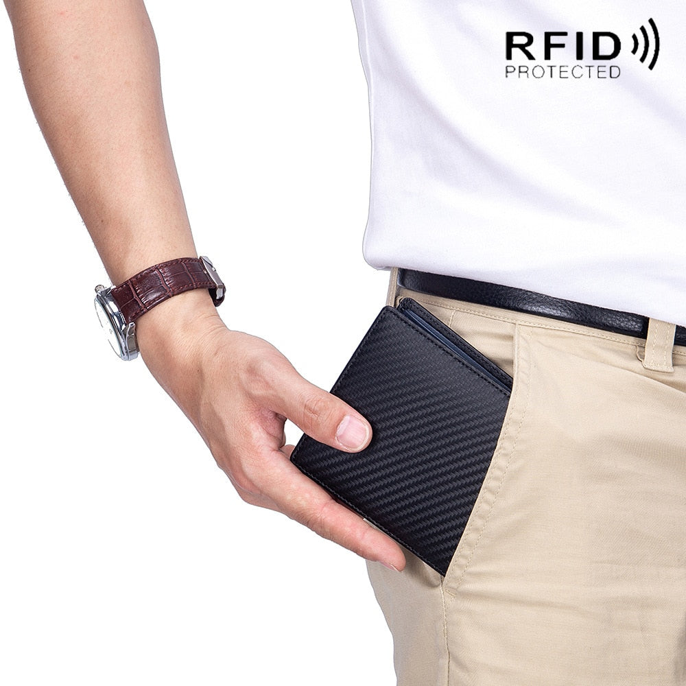 Rfid Carbon Fiber Genuine Leather Men Wallet Money Bag Slim Thin Mini Wallets For Men Card Holder Purses Short Male Walet Black