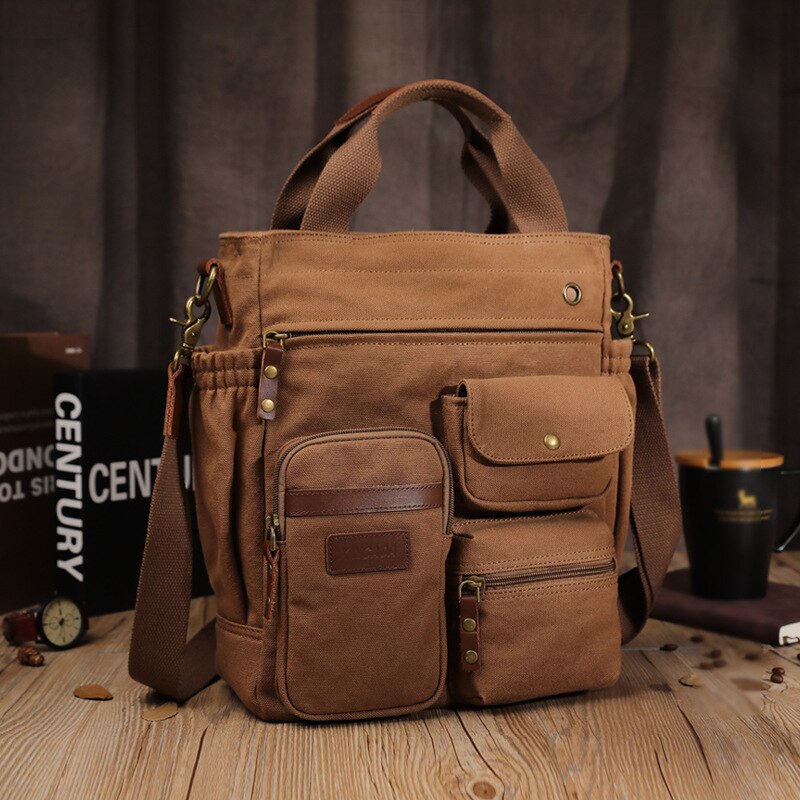 Business Men Canvas Handbag Casual Large Crossbody Shoulder Bag Vintage Tote Male Office Handbags Retro Brown Satchel Bags XA74C