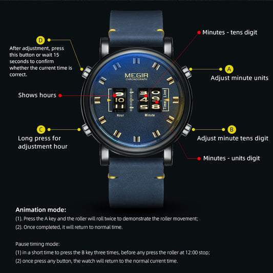 MEGIR Fashion Men&#39;s Roller Design Business Clock Men Quartz Watch Leather Waterproof Casual Sport Mens Watches Relogio Masculino