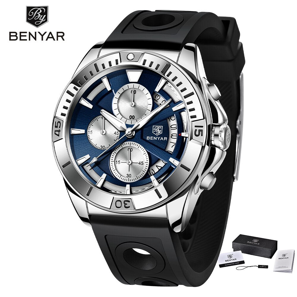 BENYAR Top Brand New Men Watch Stainless Steel Jubilee Watch Band Waterproof 30M Chronograph Luxury Men Quartz Wristwatch reloj