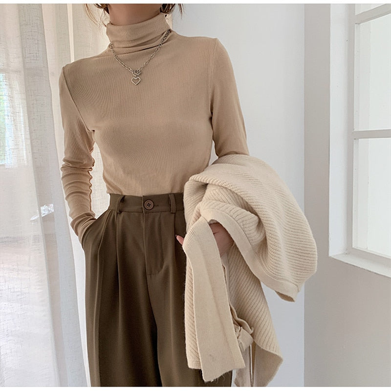 2022 Spring Autumn Women Pullover Female Knitted Sweaters Solid Concise Turtleneck Elasticity Elegant Office Lady Casual Tops