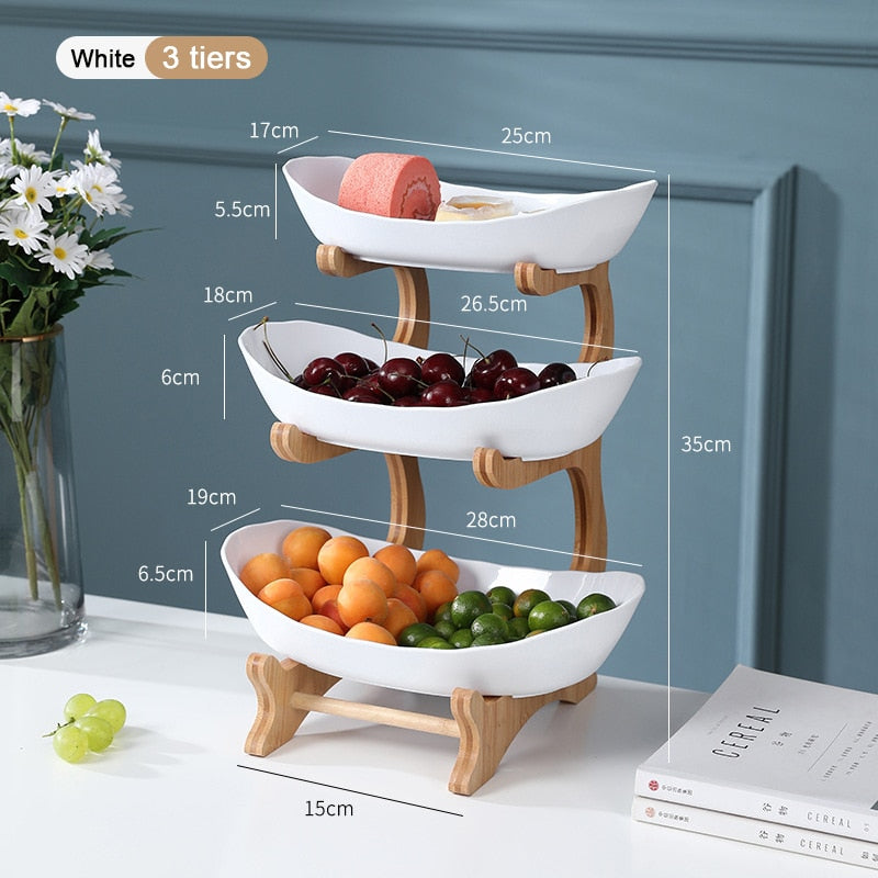 2/3 Tiers Plastic Fruit Plates With Wood Holder Oval Serving Bowls for Party Food Server Display Stand Fruit Candy Dish Shelves