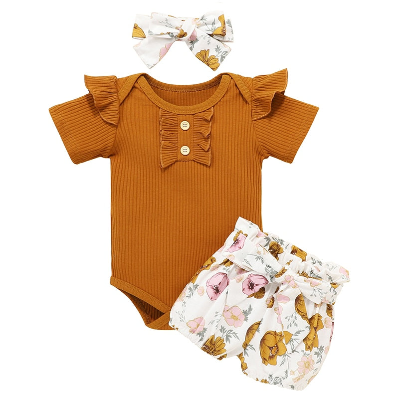 Newborn Baby Girl Clothes Set Summer Solid Color Short Sleeve Romper Flower Shorts Headband 3Pcs Outfit New Born Infant Clothing