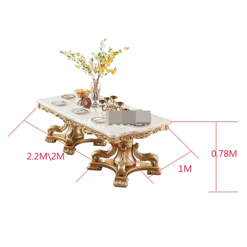 European-style Natural Marble Long Dining Table Luxurious Solid Wood Carved 2-meter 2.2-meter Golden