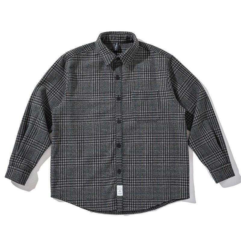 2021 High Quality Thick Woolen Shirt Men Clothing Japanese Streetwear Lapel Long Sleeve Casual Plaid Top Harajuku Coats Male