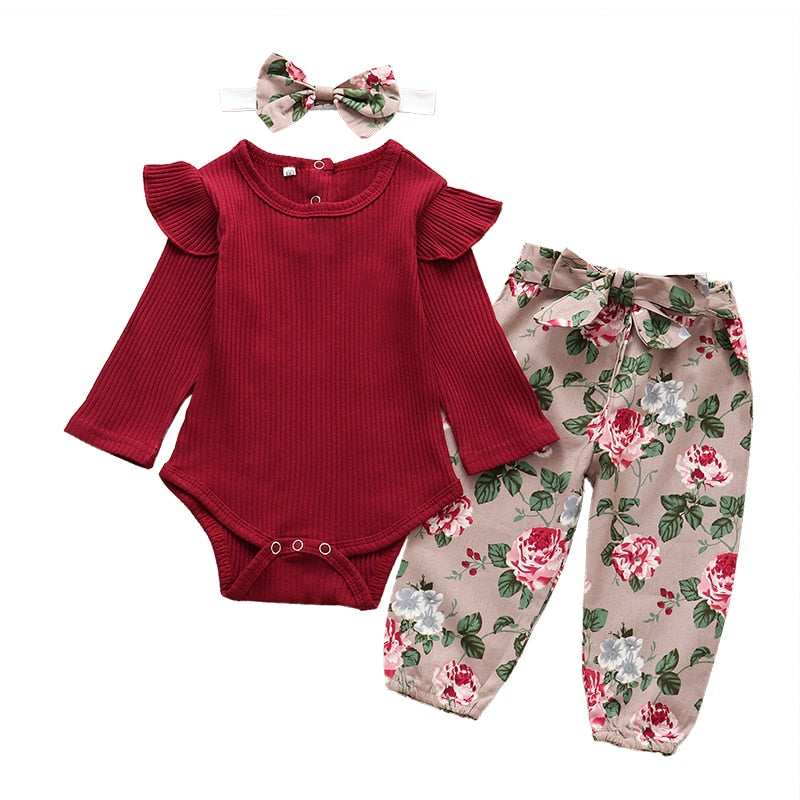 Autumn Baby Girl Clothes Sets Fashion Toddler Outfits Long Sleeve Tops Flower Pants Headband Cute 3Pcs Newborn Infant Clothing