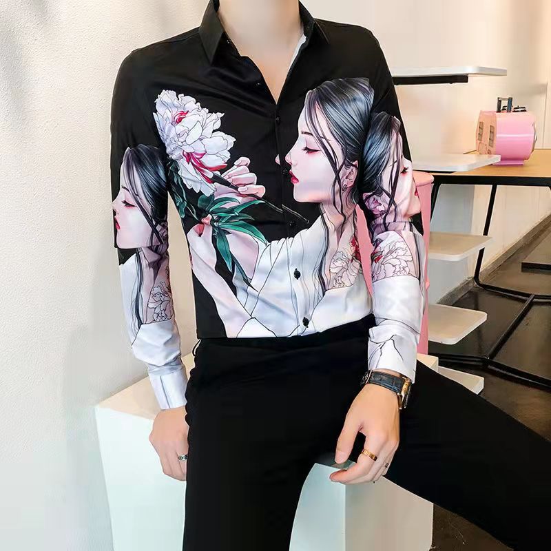 Autumn Man Vintage Printed Social Black Shirts Luxury Men&#39;s White Slim Fit Long Sleeve Dress Shirt Fashion Casual Chemise Homme