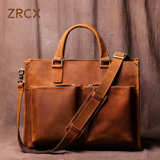 ZRCX Vintage Man Handbag Briefcase Men Shoulder Crazy Horse Genuine Leather Bags Brown Business Fashion 14 Inch Laptop Bag