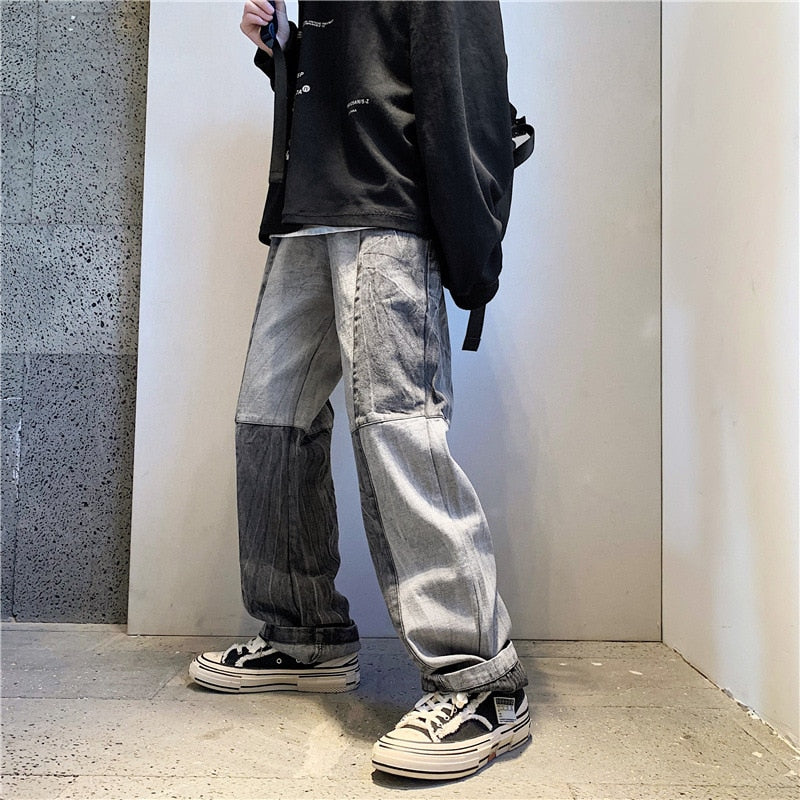 Fashion Men Relaxed Fit Jeans Straight Loose Patchwork Wide Legs Comfortable Male Street Trend Hip Hop Baggy Denim Pants