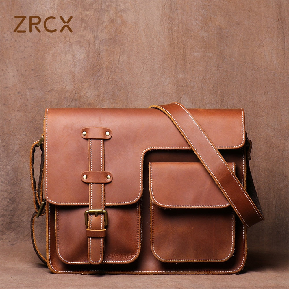 ZRCX Men&#39;s Vintage Crossbody Bag Genuine Leather Casual Shoulder  Retro Messenger Hight Quality Bag ,For 12.9-Inch Laptop