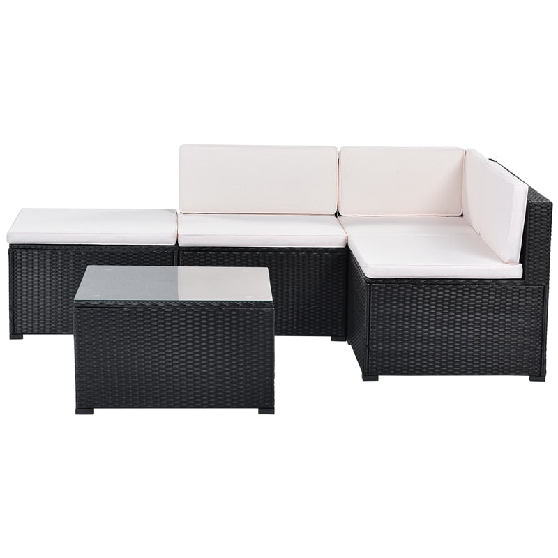 5-Piece Patio Rattan  With 2 Sofa Chairs, 1 Corner Chair, 1 Ottoman And 1 Glass Coffee Table PE Wicker Furniture Corner Sofa Set