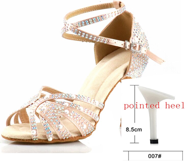 WUXIJIAO Women Latin Dance Shoes Rhinestones Soft Bottom Salsa Shoes For Dancing Ladies Sandals Women&#39;s Wedding Hight Heels 7.5C