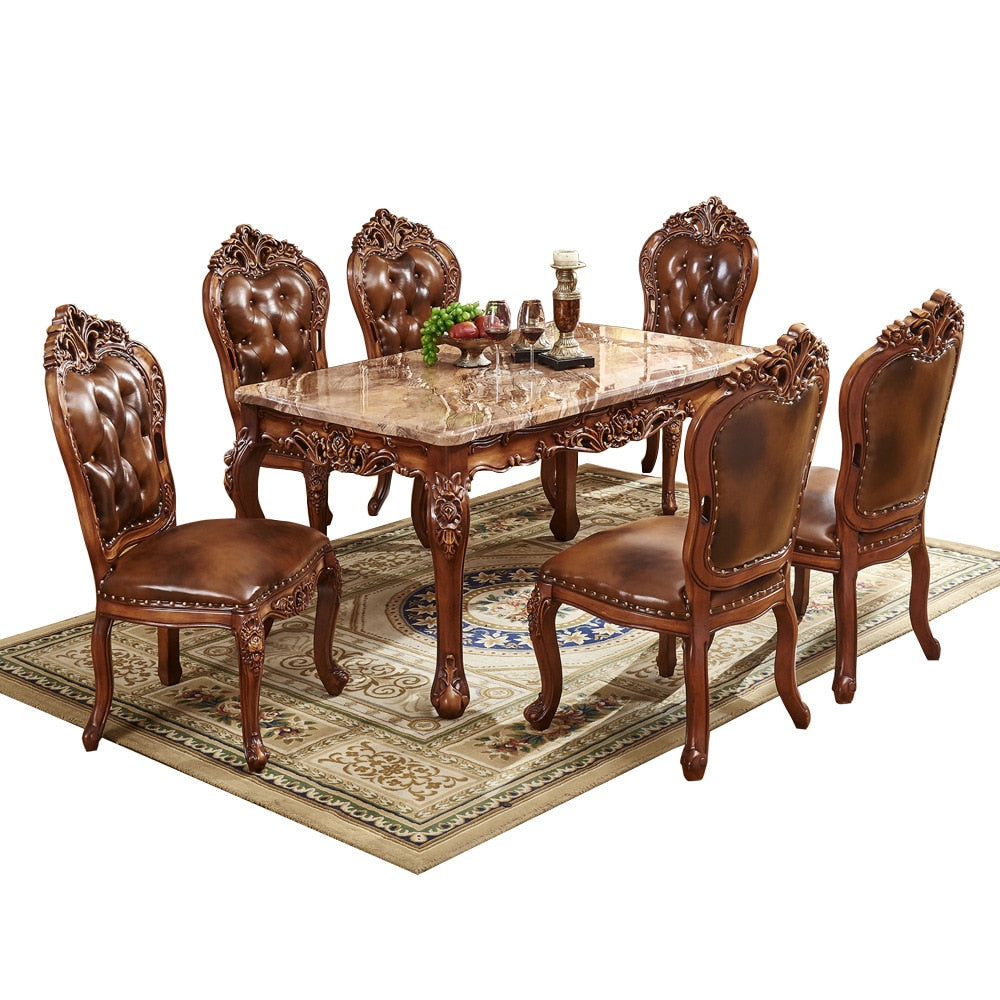 Antique Color Marble Dining Table and Chair European-style Long Luxury Villa Solid Wood Carved