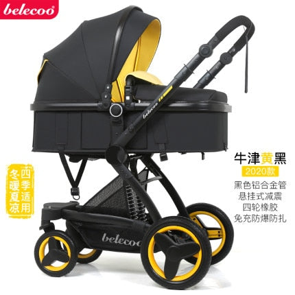 Belecoo baby stroller high landscape baby stroller basket can sit lying folding 3in1 leather baby stroller with car seat  gift