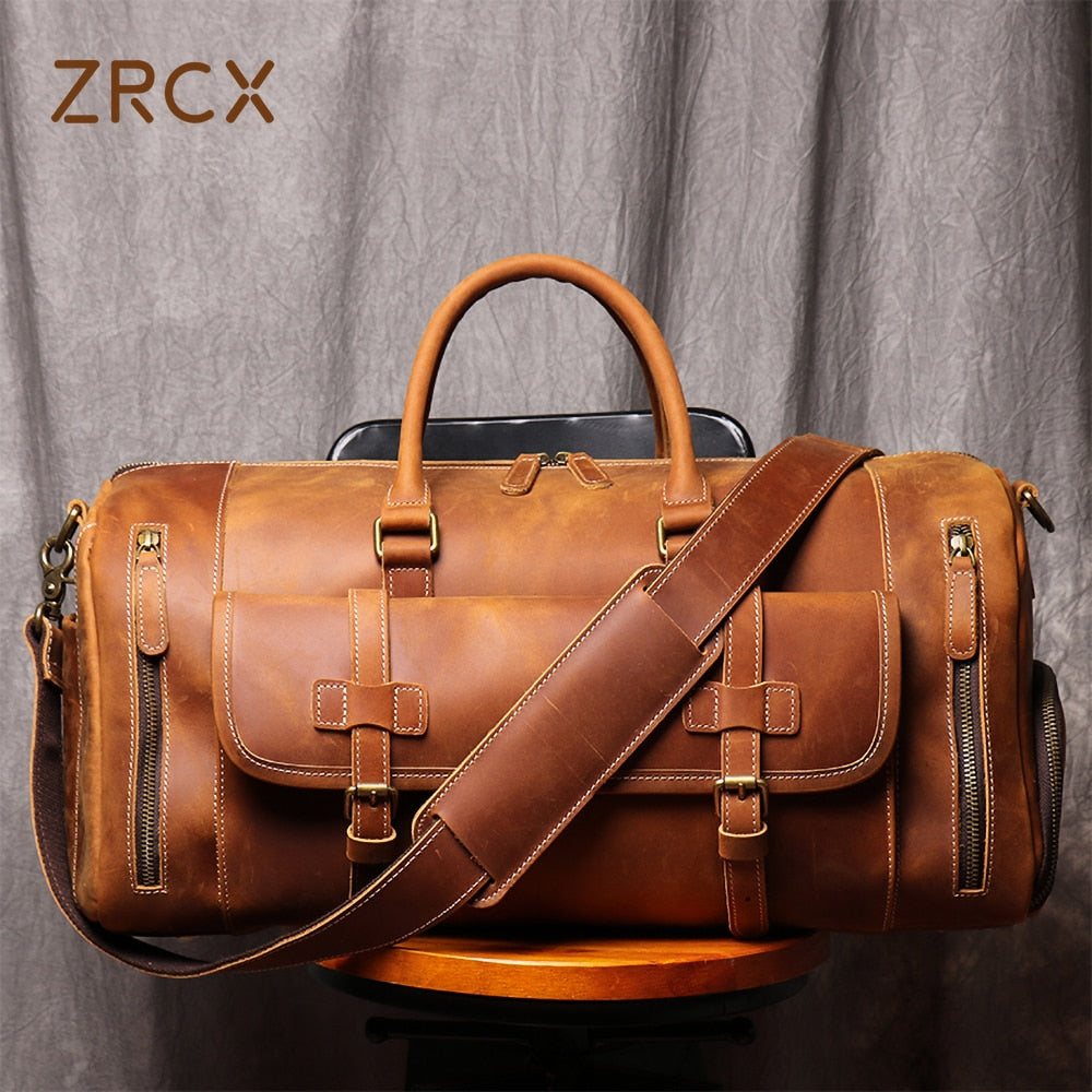 ZRCX Men&#39;s Genuine Leather Travel Bag Business Handbag First Layer Cow Leather Gym Bag Leather Duffel Bag For 13inch Laptop