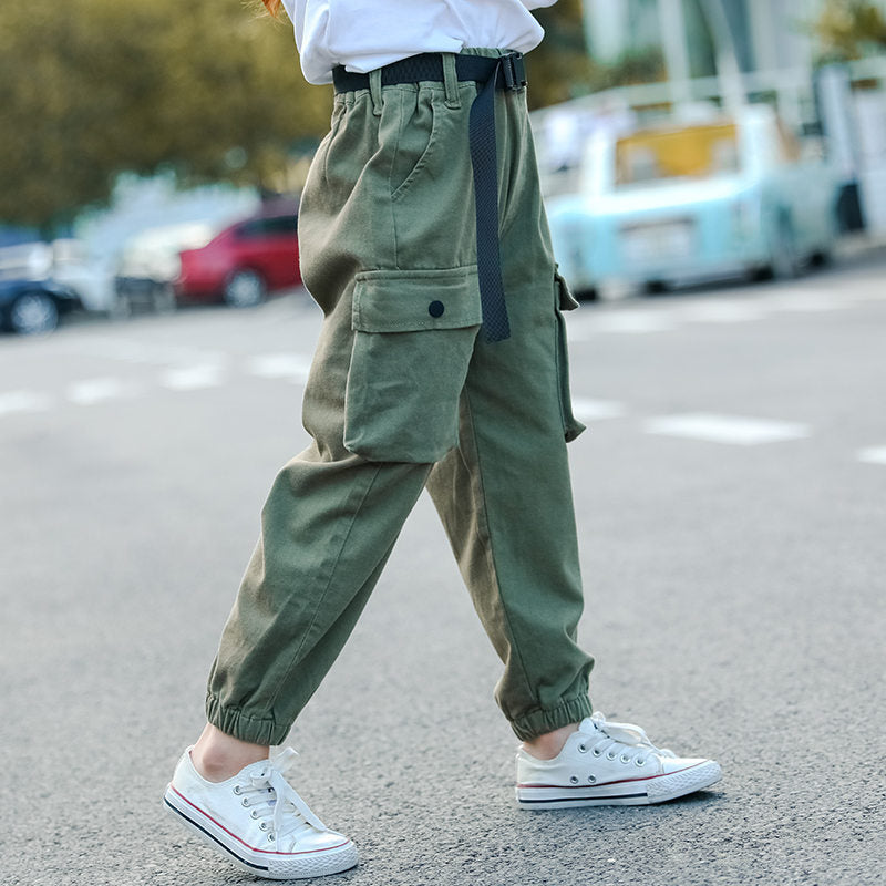 Fashion Cargo Pants for Teen Girls Cool Trousers With Belt Loose Style Kids Cotton Sport Running Pants For Teens Girl 5-14 Years