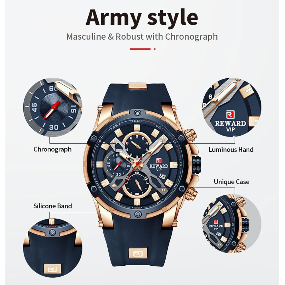 2022 New REWARD Mens Watches Blue Waterproof Top Luxury Brand Chronograph Sport Watch Quartz For Men Wristwatch Military Male