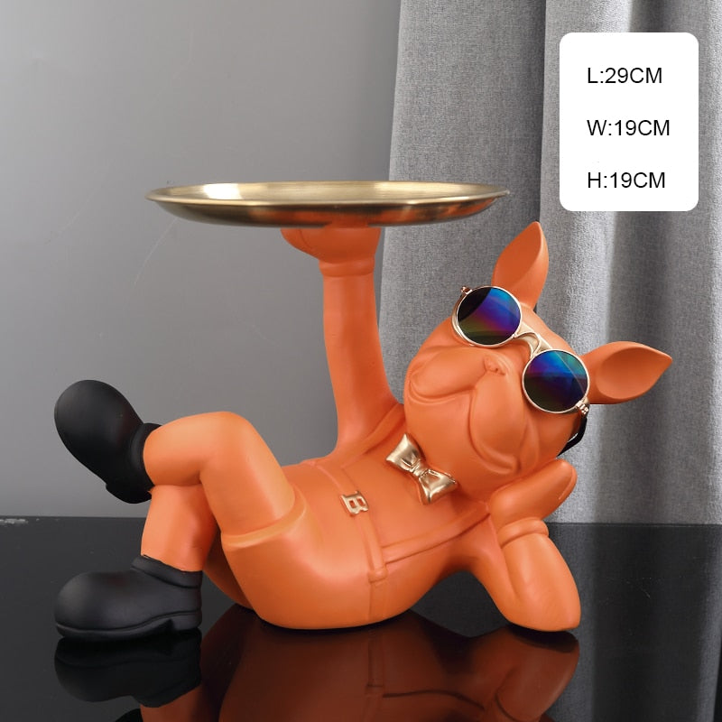 Resin Décor Dog Statue Butler with Tray for Storage Table Live Room French Bulldog Ornaments Decorative Sculpture Craft Gift