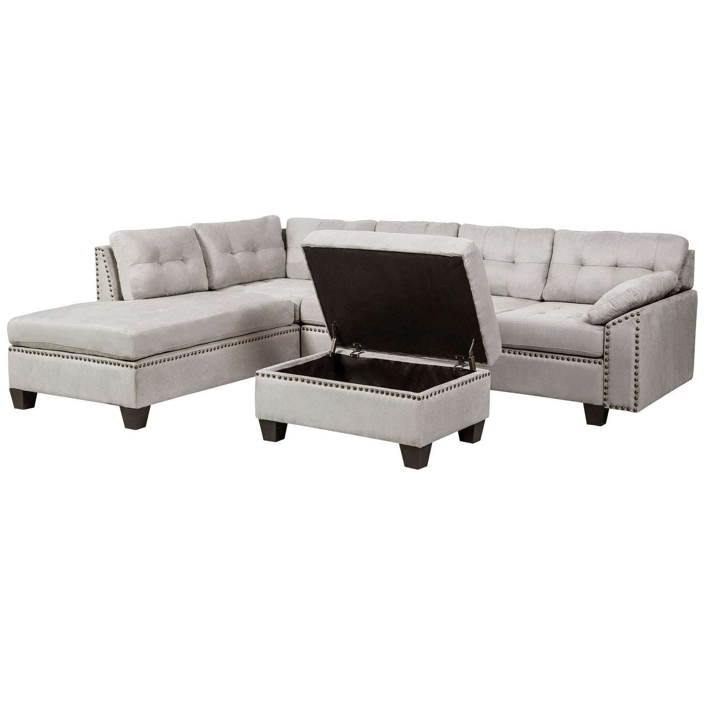 Sectional Sofa Set With Chaise Lounge And Storage Ottoman Nail Head Detail Grey