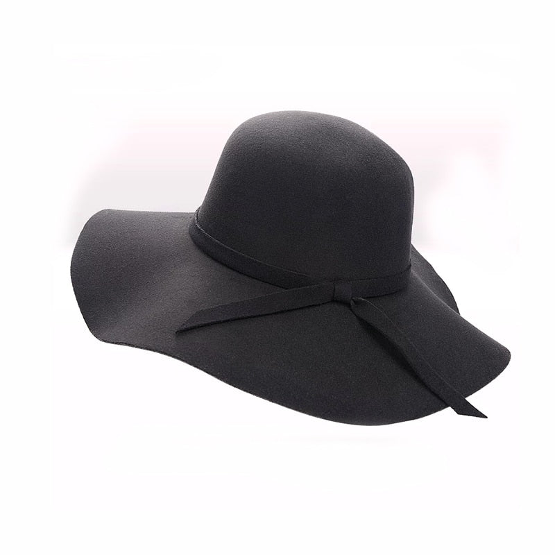 Women&#39;s Wide Brim Felt Bowler Faux Wool Fedora Hat Floppy Sun Bowknot Cloche Cap Bowlers Hat for Ladies gorros mujer invierno