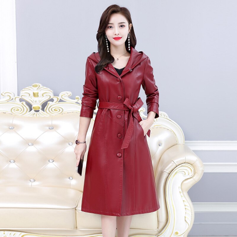 New Women Leather Trench Coat Spring Autumn 2022 Casual Fashion Hooded Solid Color Knee-Length Slim Long Sheepskin Overcoat