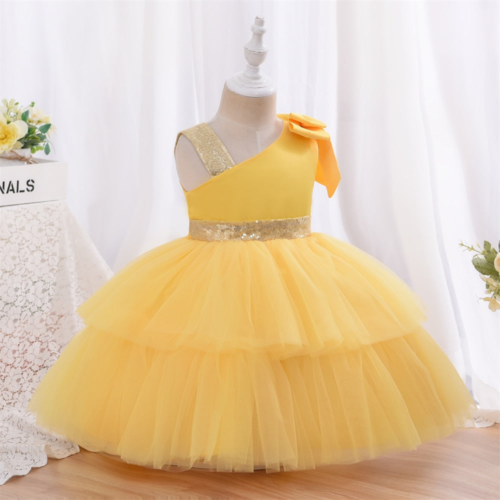 Yoliyolei Fashion Tulle Layers Flower Girl Dresses Red Champagne Gold Waist Belt Shoulderless Baby Casual Dress for Girls