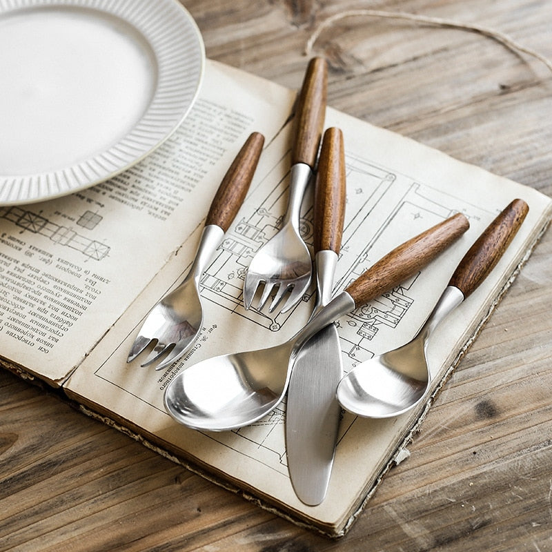 304 Stainless Steel Natural Teak Wooden Handle Dinnerware Set Steak Knife Fork Spoon Dessert Spoon Fork Cutlery Set Tableware