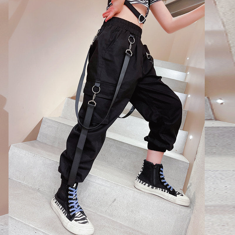 Black Cargo Pants for Teenage Girls New Fashion Summer Streetwear Hip Hop Sweat Pants With Chain for Girls 6 8 10 12 14 Year Old