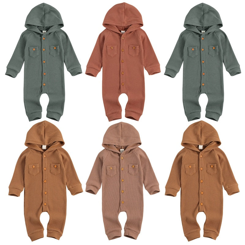 lioraitiin 0-24M Newborn Baby Boy Girl Fall Waffle Pattern Rompe Long Sleeve Single Breasted Hooded Jumpsuits Two Front Pockets