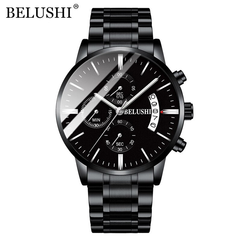 BELUSHI Mens Watches Full Steel Chronograph Waterproof Sport Quartz Watch Men Top Brand Luxury Wristwatches Relogio Masculino