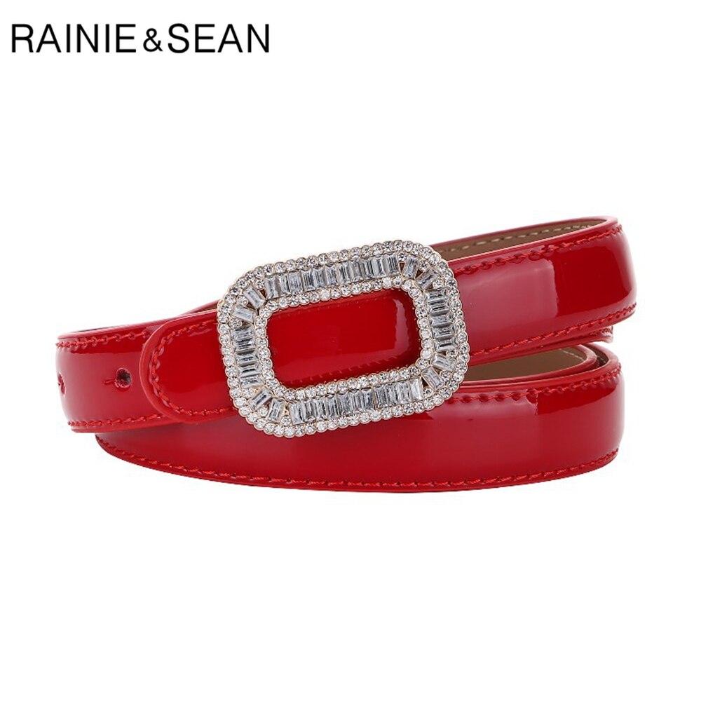 RAINIE SEAN White Patent Leather Women Belt Rhinestone Buckle Waist Belt Thin Ladies Belts for Dress Fashion Brand Accessories