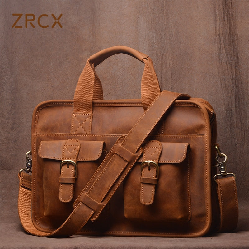 ZRCX Vintage Men Briefcase Man Handbag  Shoulder Crazy Horse Genuine Leather Bags Brown Business Fashion 14 Inch Laptop Bag