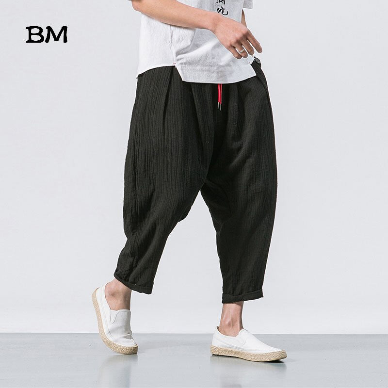 Best Black Linen Cropped Trousers Ethnic Style Harem Pants Mens Baggy Pants Summer Japanese Loose Joggers  www.chishtismart.com