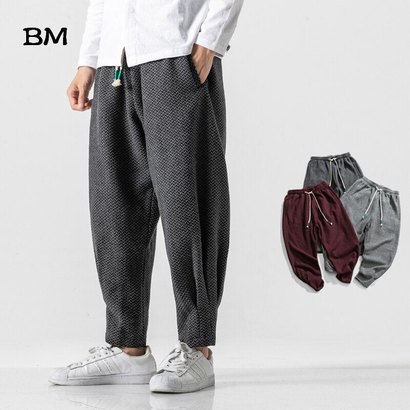 Baggy Pants Men Winter Thicken Wool Harem Pants Male Chinese Style Warm Oversize Trousers Male 2020 Japan Casual Plaid Pants