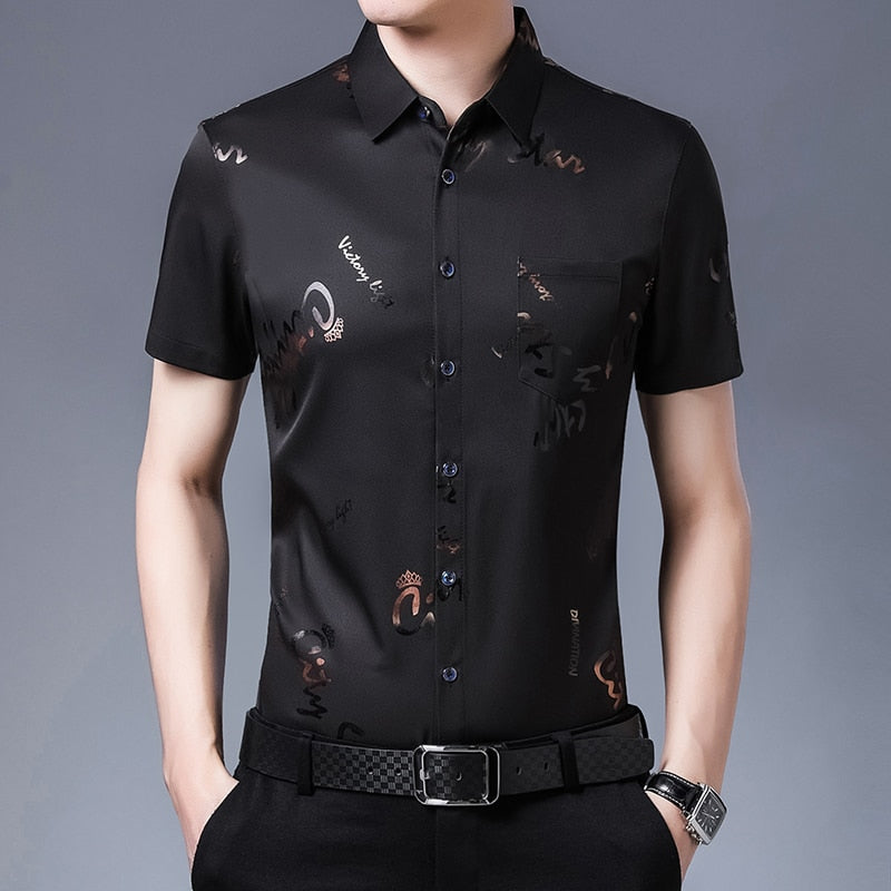 New Men Shirt High Quality Silk Print Summer Short sleeve Casual Shirts Men Slim Fit Camisa Masculina Drop Shipping C749